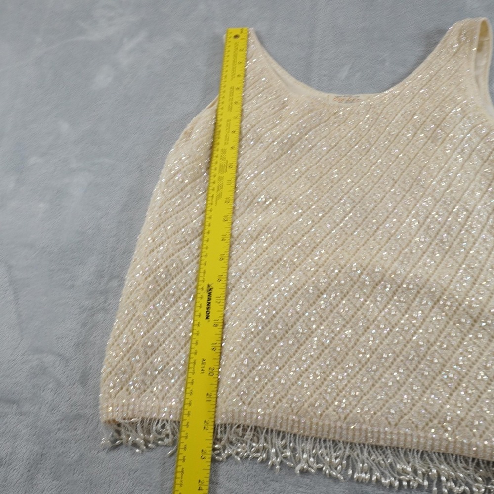 Vintage Hand Beaded Tank Womens 38 M Ivory Sequin Fringe Lambswool Camisole Top - Picture 7 of 13